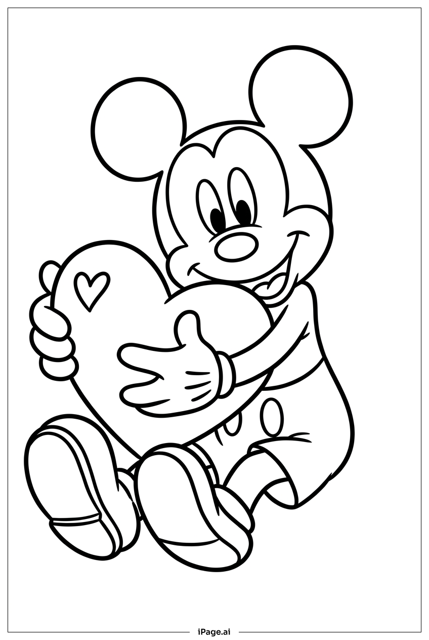 Micky Maus umarmt ein großes Herz Ausmalseite