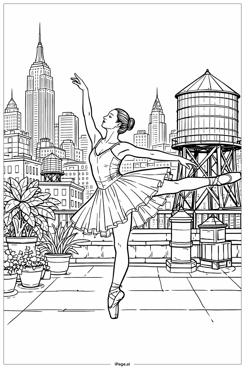 Ballerina auf einem städtischen Dachboden Ausmalseite