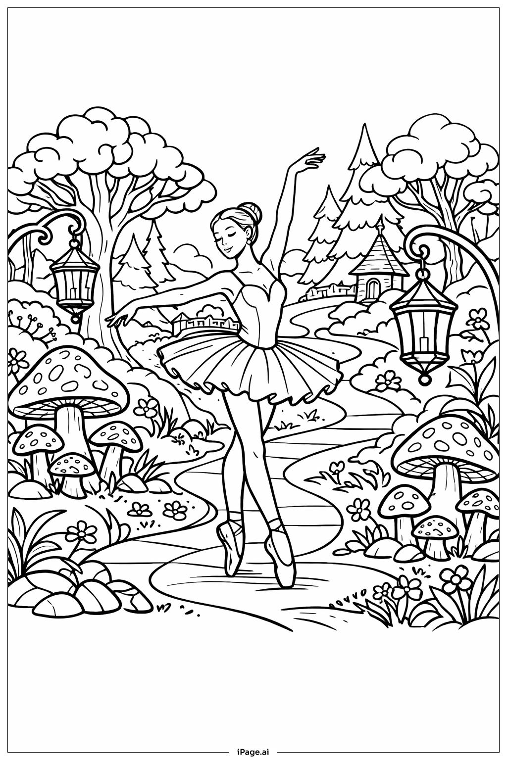 Ballerina im Fantasiewald Ausmalseite