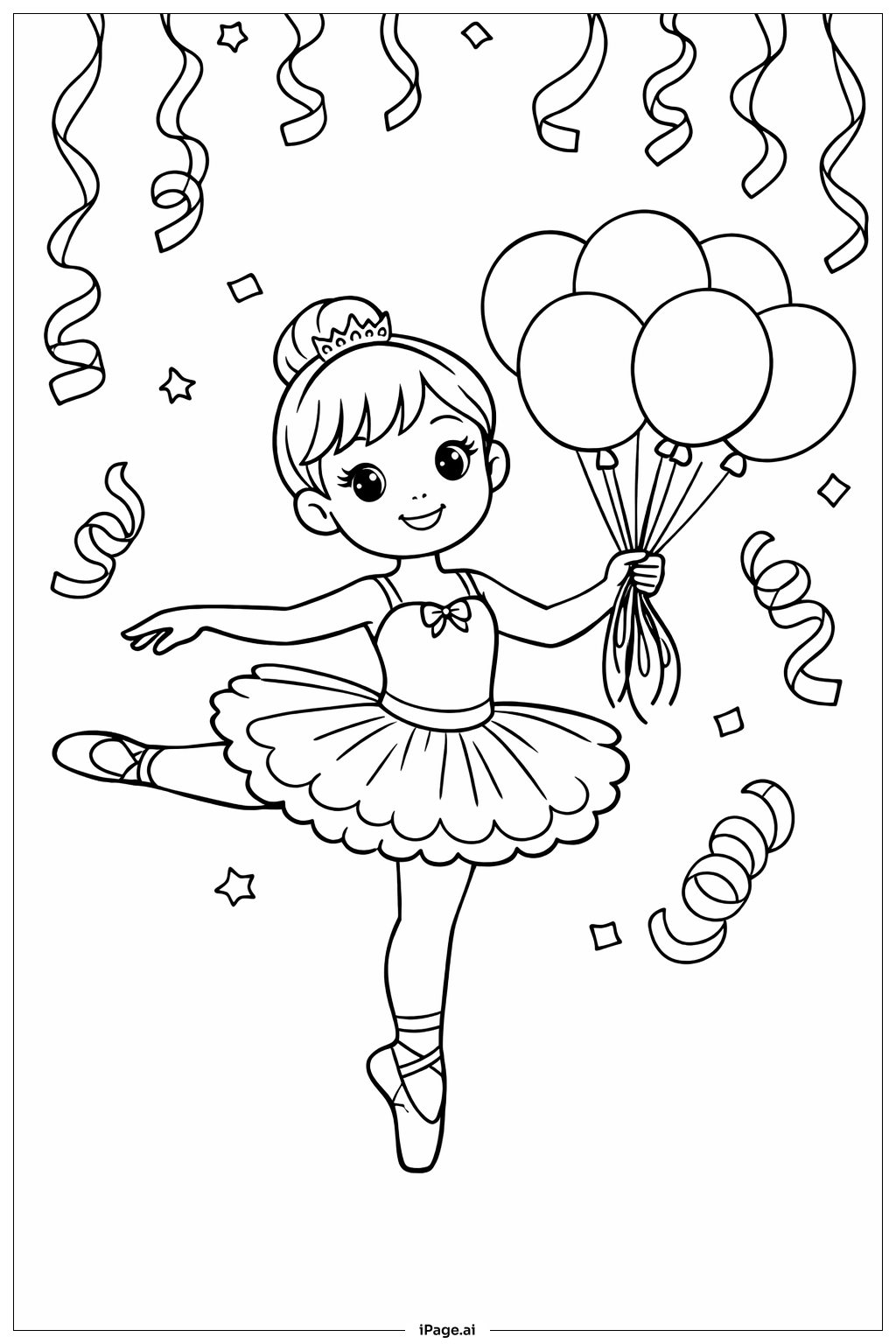 Ballerina mit Luftballonstrauß Ausmalseite