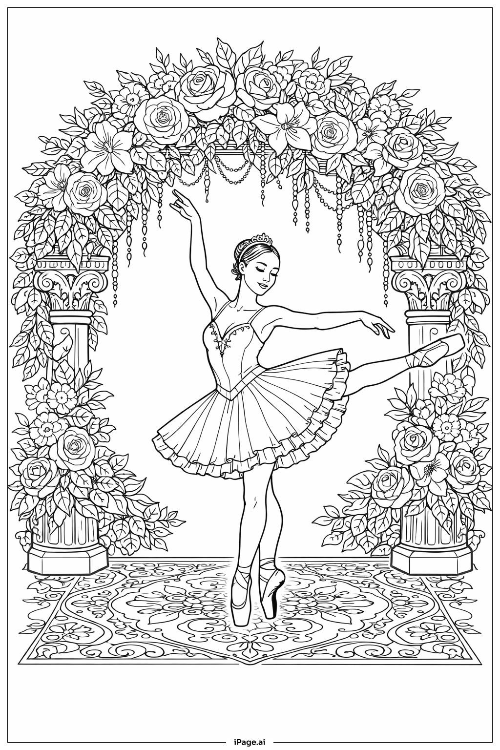 Ballerina mit blumenumwölbtem Torbogen