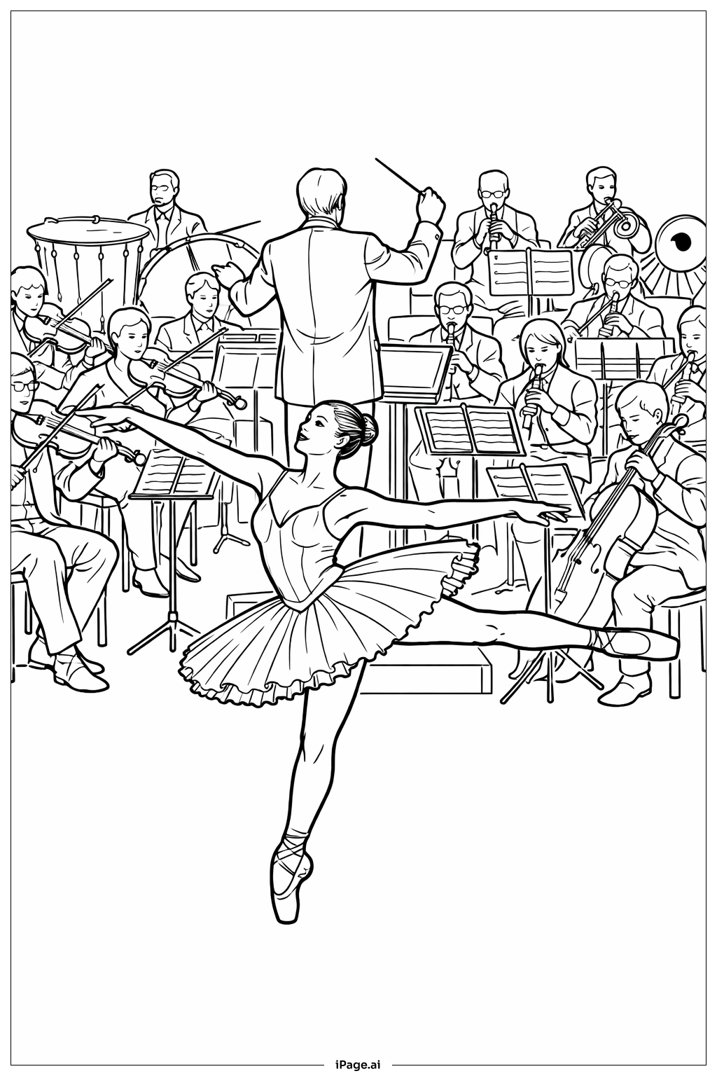 Ballerina mit Orchester im Hintergrund Ausmalseite