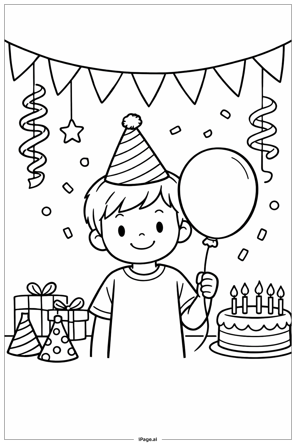  バルーン誕生日帽子の塗り絵ページ 