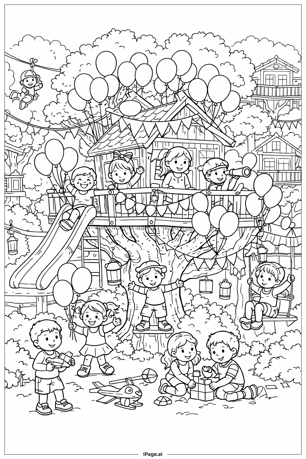  バルーンツリーハウスパーティーの塗り絵ページ 