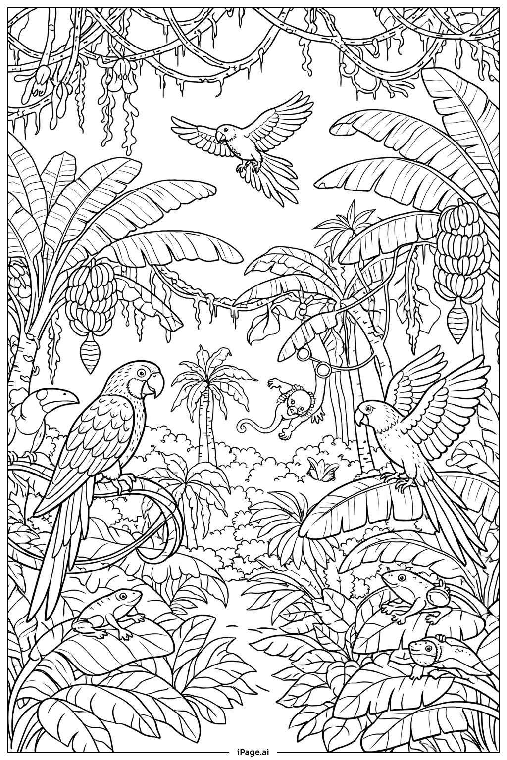  香蕉丛林场景填色页 