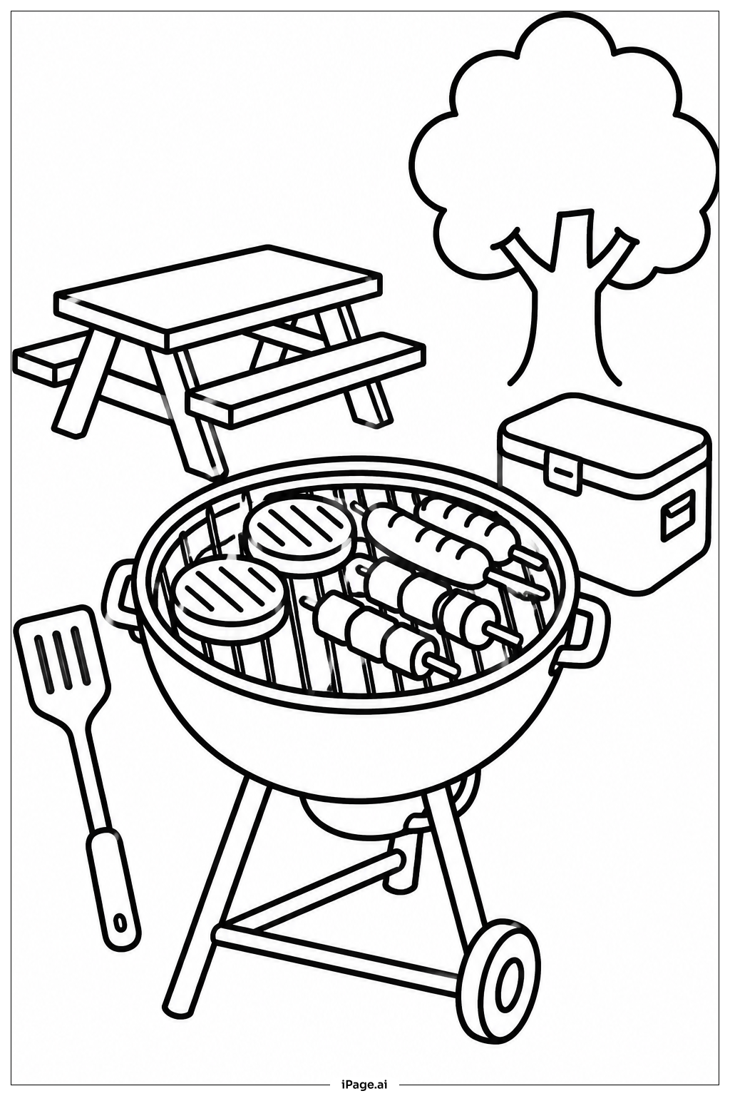 Página para colorear de Escena de Parrilla y Comida a la Barbacoa