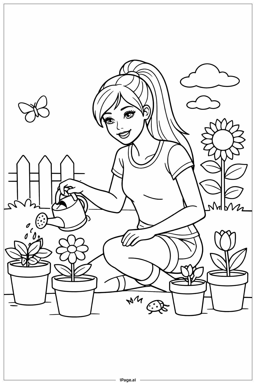  Barbie Watering Plants Coloring Page 