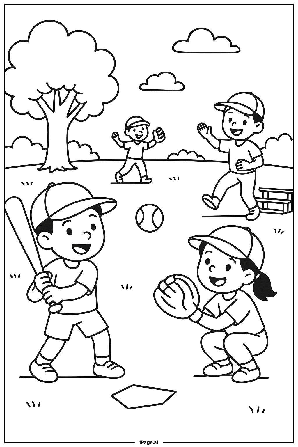  Baseball spielende Kinder Ausmalseite 