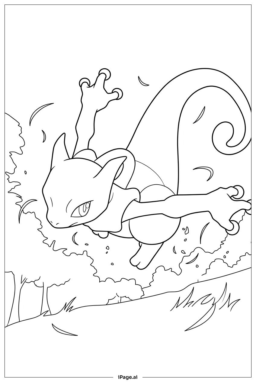 Página para colorear de Mewtwo se lanza por una ladera boscosa con viento