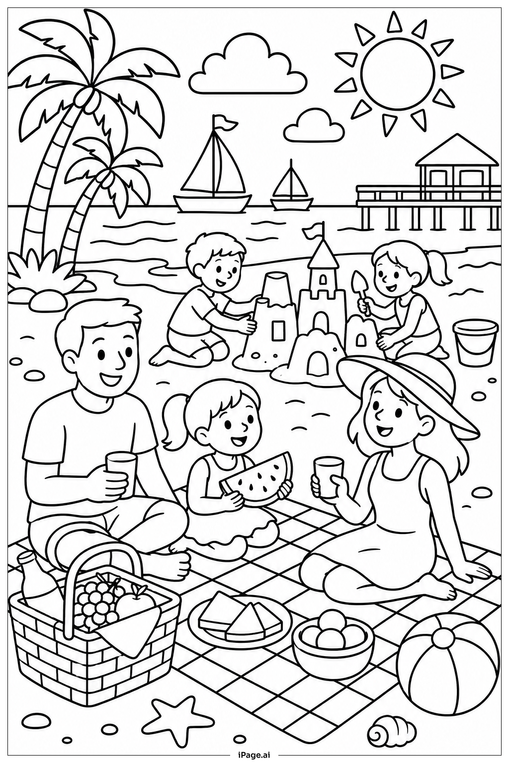 海灘家庭野餐派對著色頁