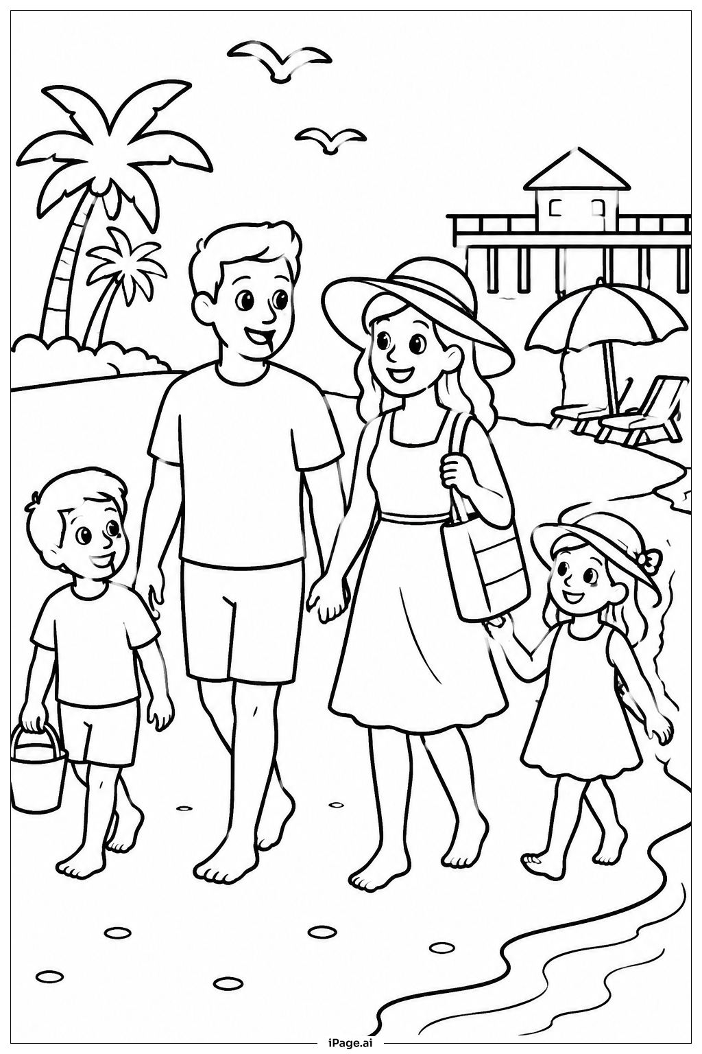 海滩家庭漫步填色页