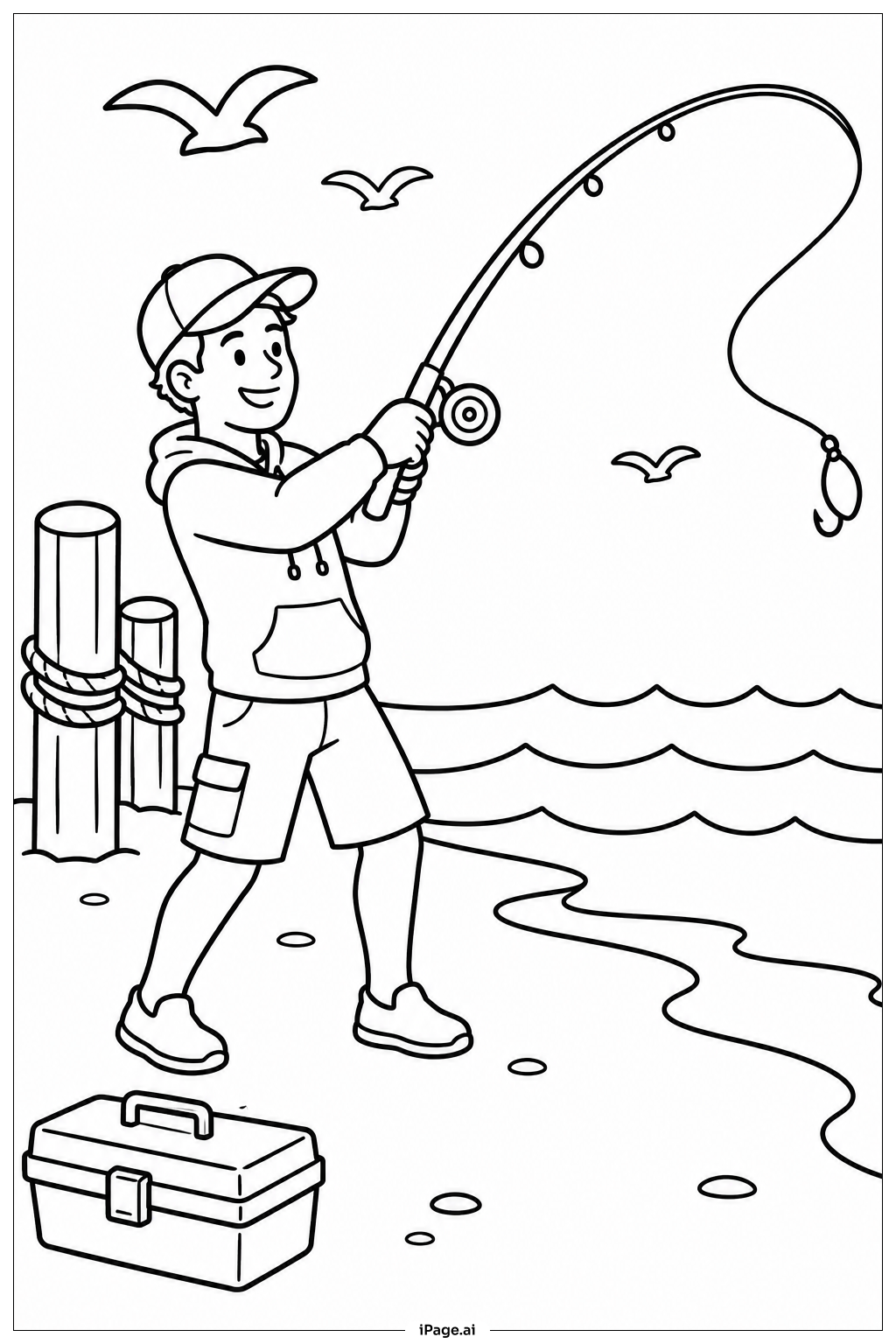 海滩垂钓者甩竿填色页