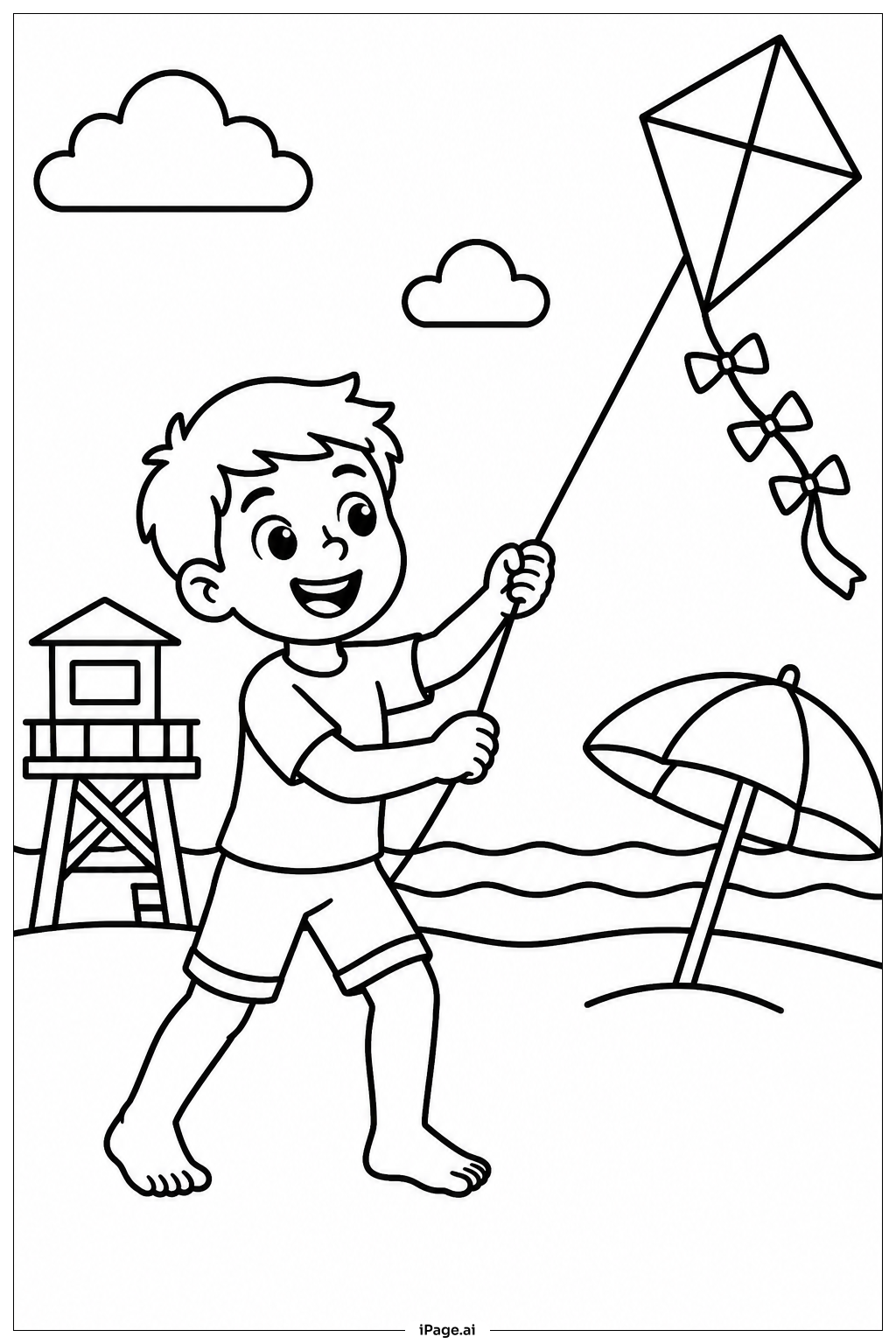 Página para colorear de Volar Cometas en la Playa