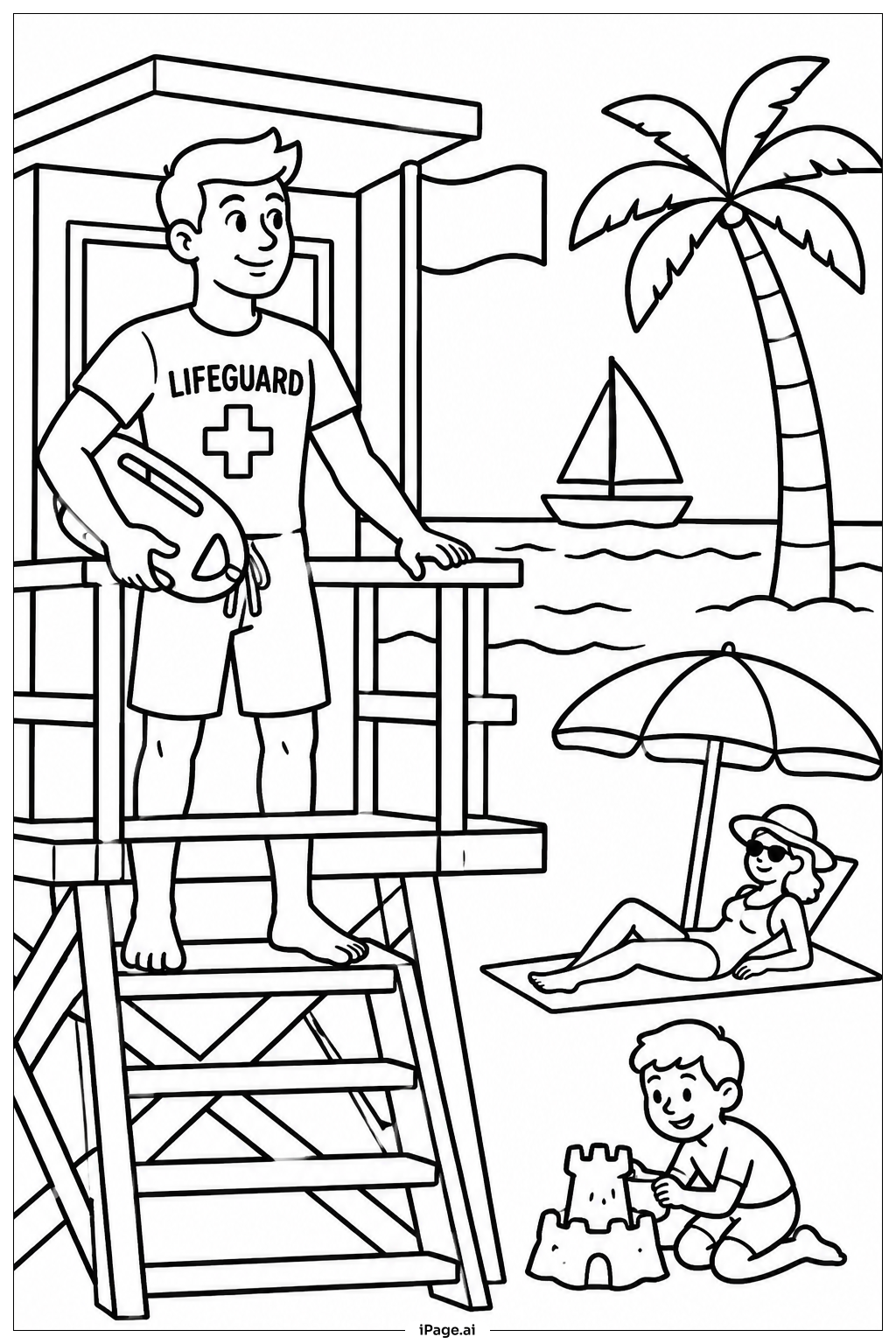 Página para colorear de Escena de Torre de Salvavidas en la Playa