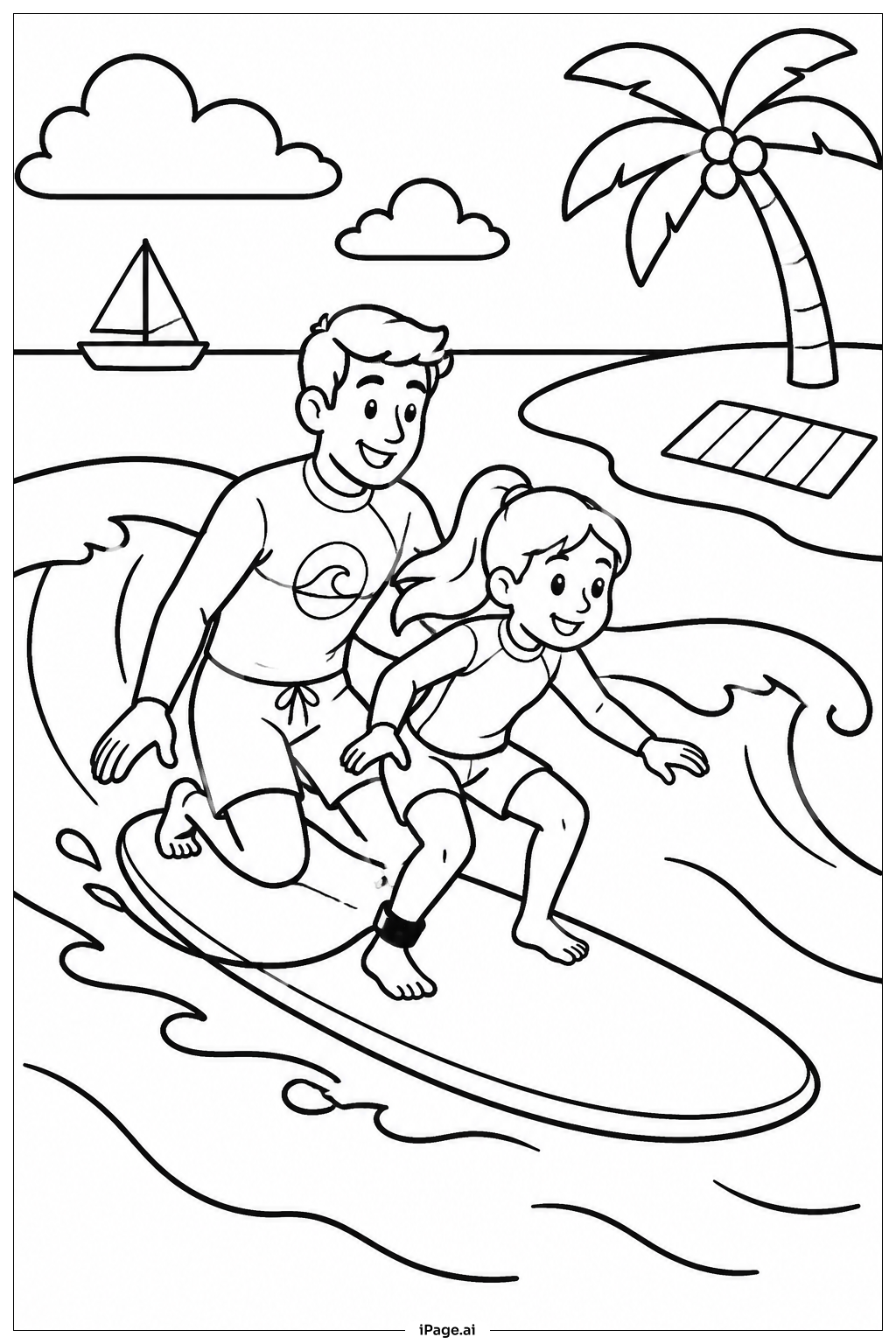 Página para colorear de Lección de Surf en la Playa