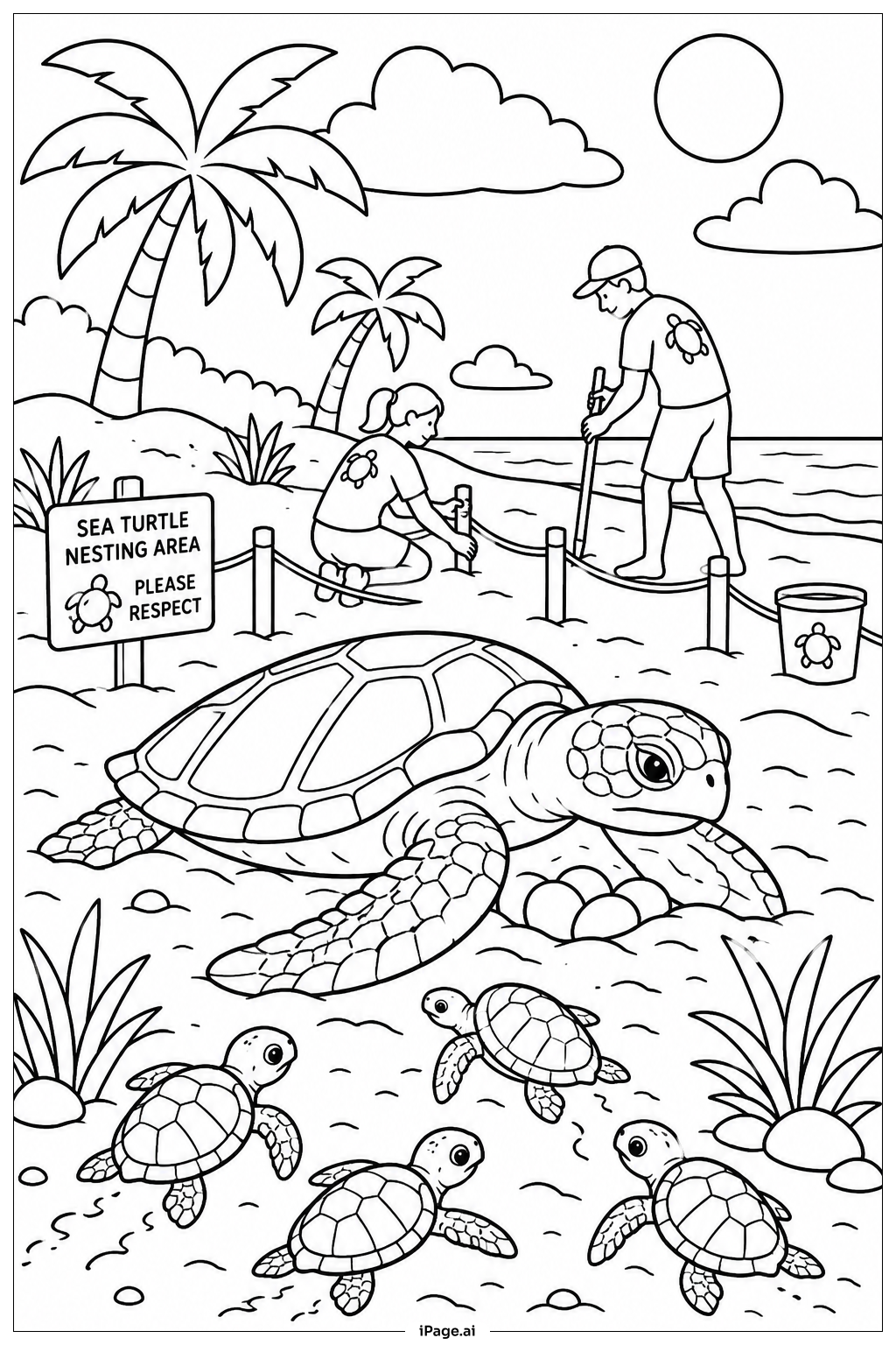  Página para colorir de Cena de Desova de Tartaruga na Praia 