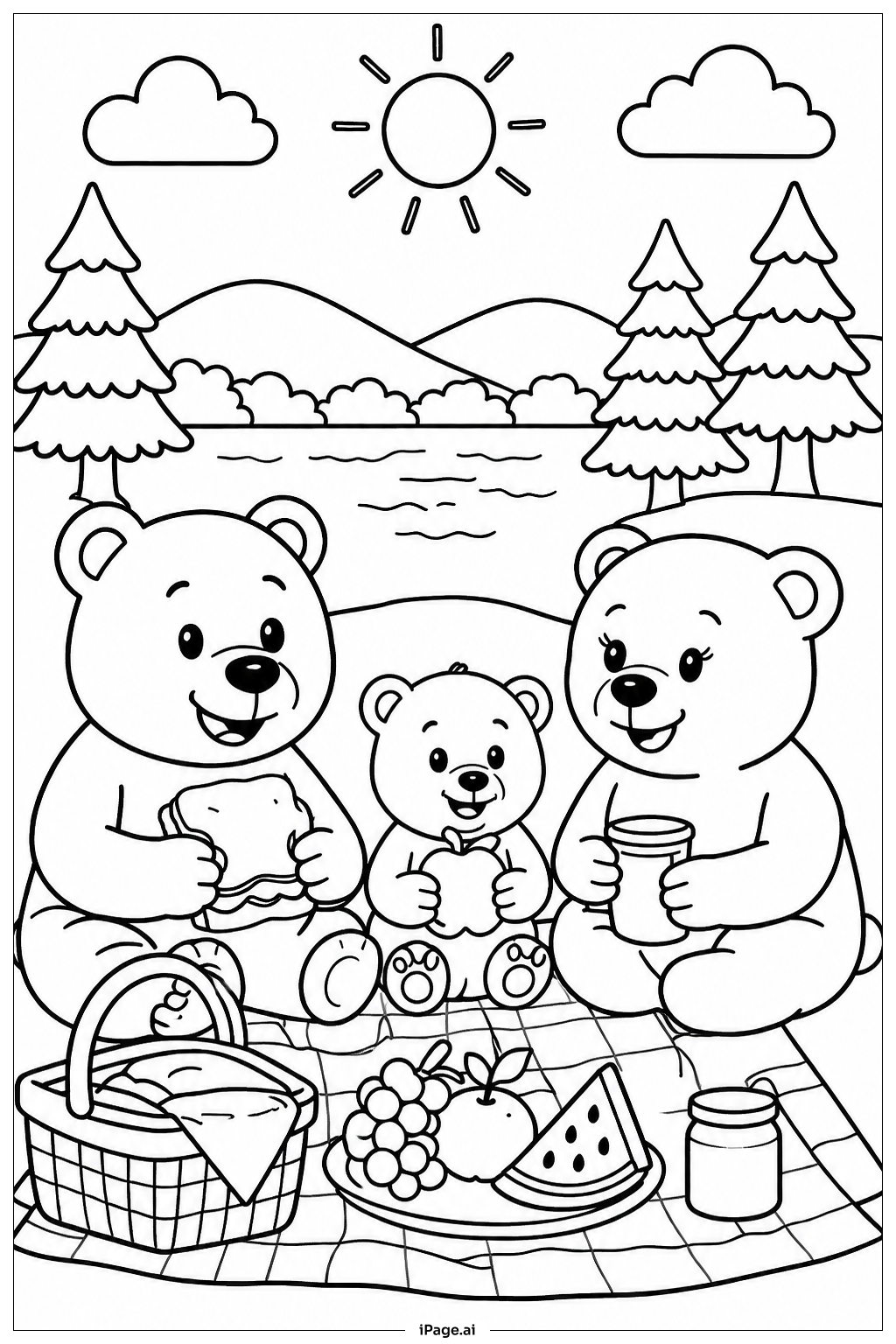 くまの家族のピクニックの塗り絵ページ