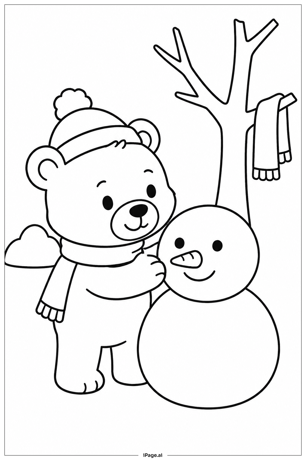  Página para colorear de Oso haciendo un muñeco de nieve 