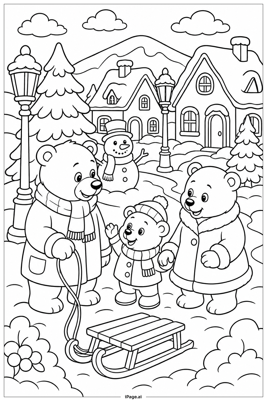Page de coloriage Bear Winter Village