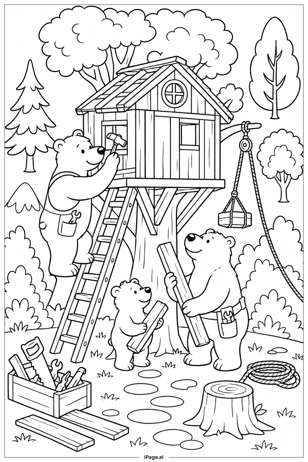 Page de coloriage Les ours construisent une cabane dans les arbres