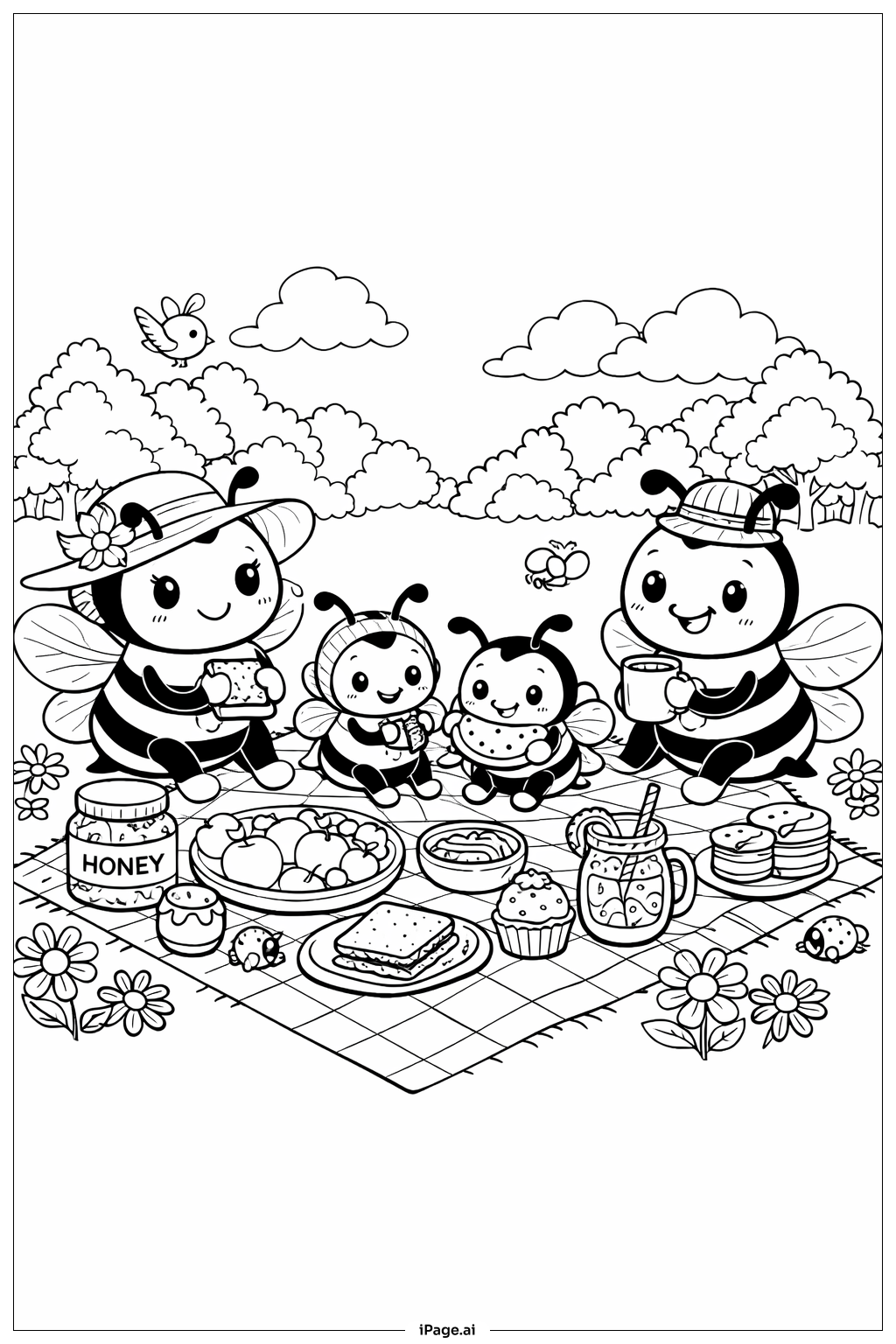  Trang tô màu Gia đình ong đi dã ngoại 