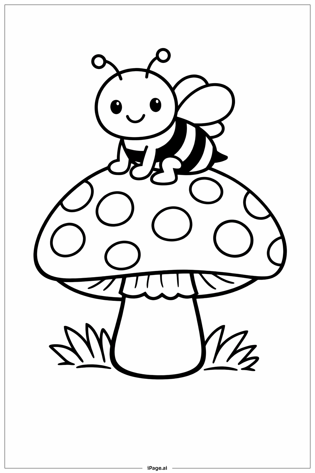  キノコの傘の上のミツバチの塗り絵ページ 