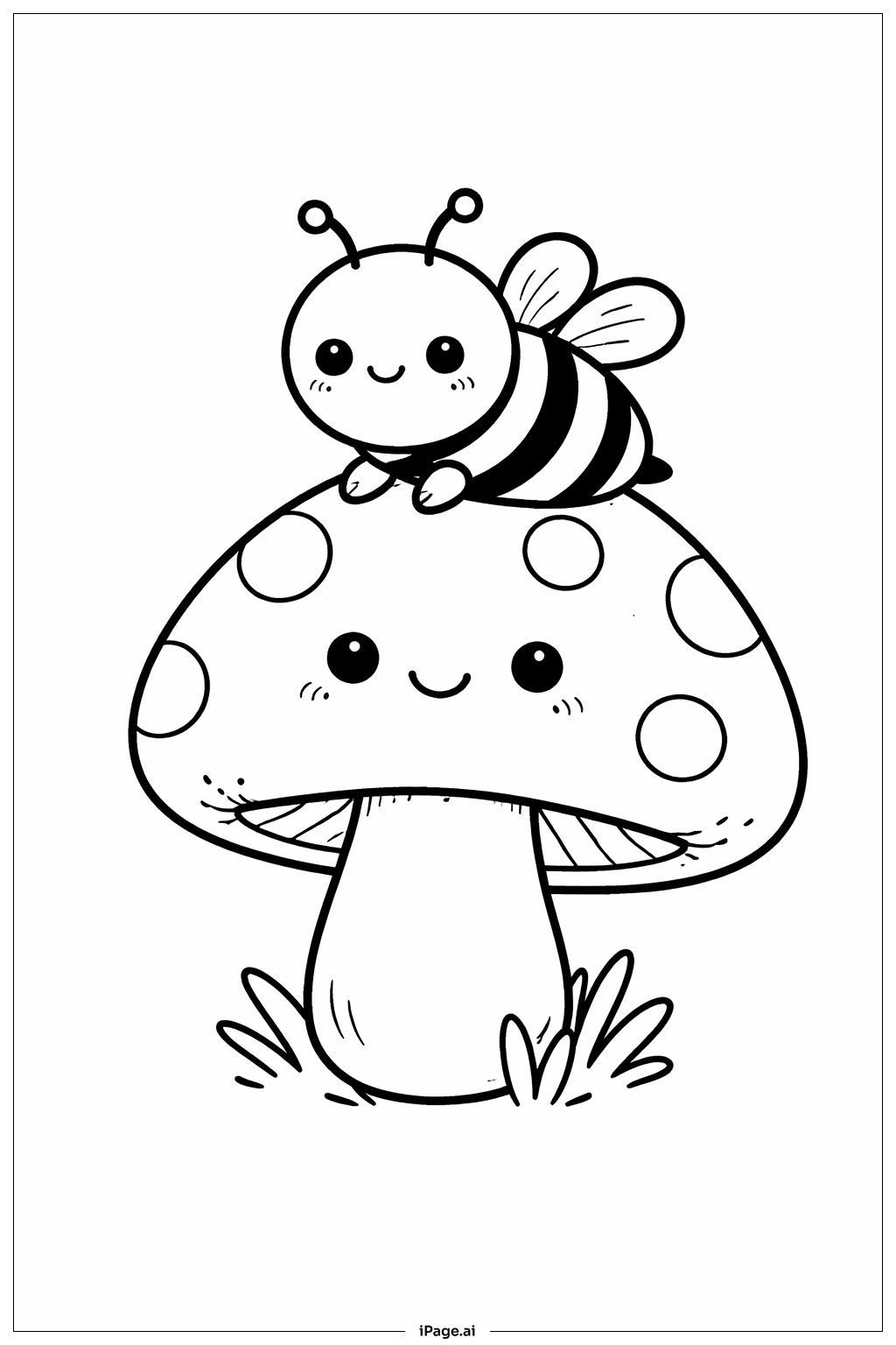  キノコの上のミツバチの塗り絵ページ 