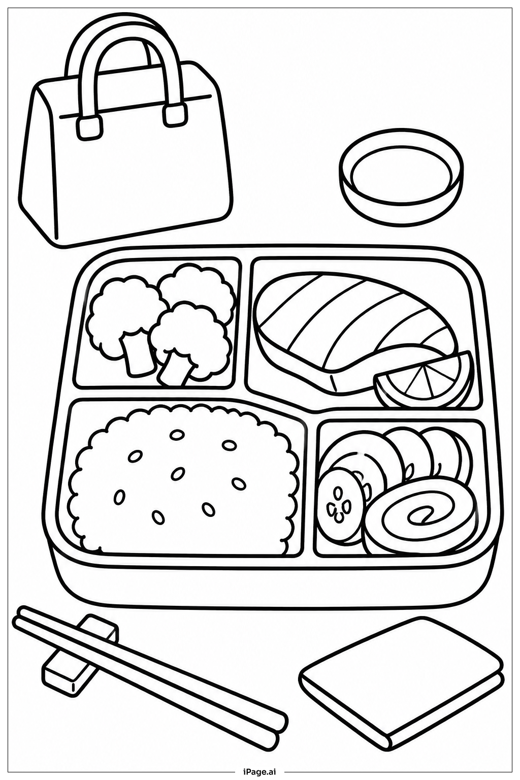 Página para colorear de Disposición de Comida en Caja Bento