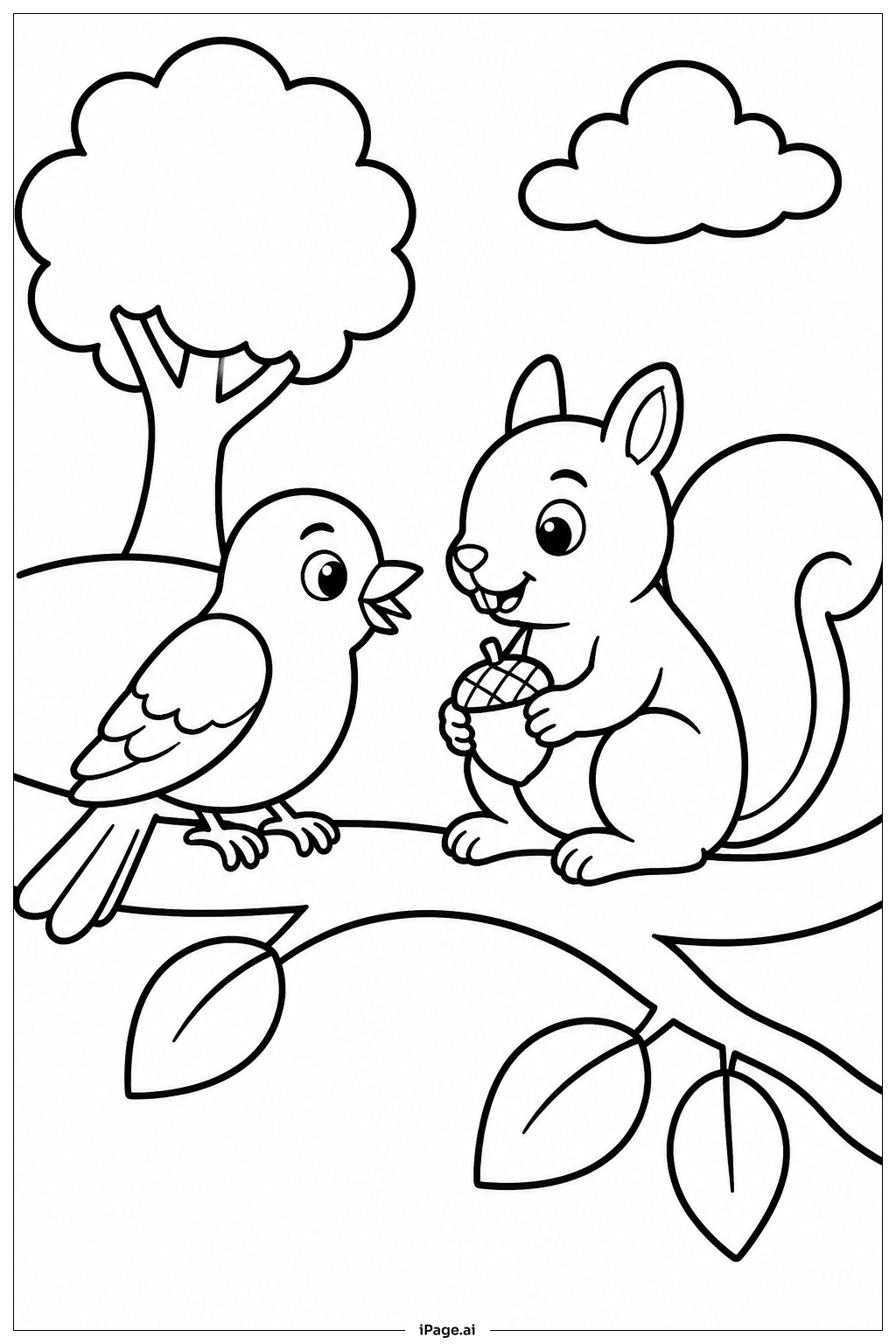 鳥とリスの塗り絵ページ