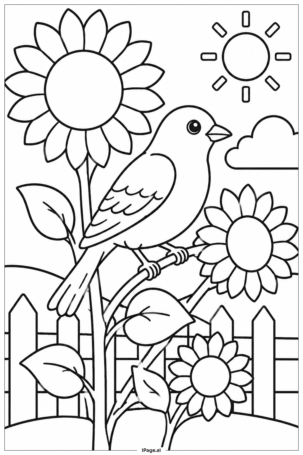 Vogel und Sonnenblumen Ausmalseite