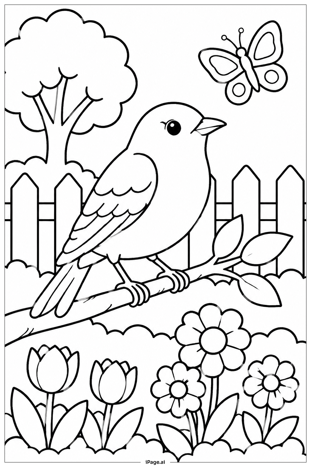  Página para colorir de Pássaro no Jardim de Primavera 