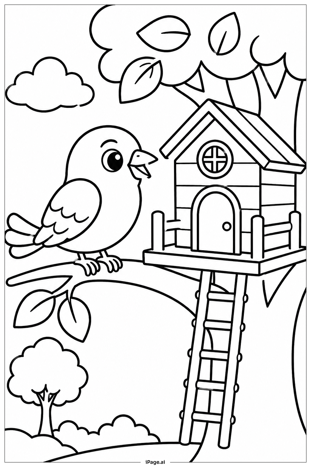  Page de coloriage Oiseau Près de la Cabane dans l'Arbre 