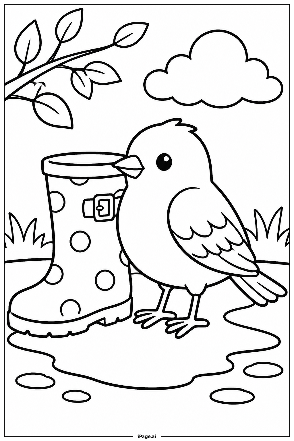  Page de coloriage Oiseau avec bottes de pluie 