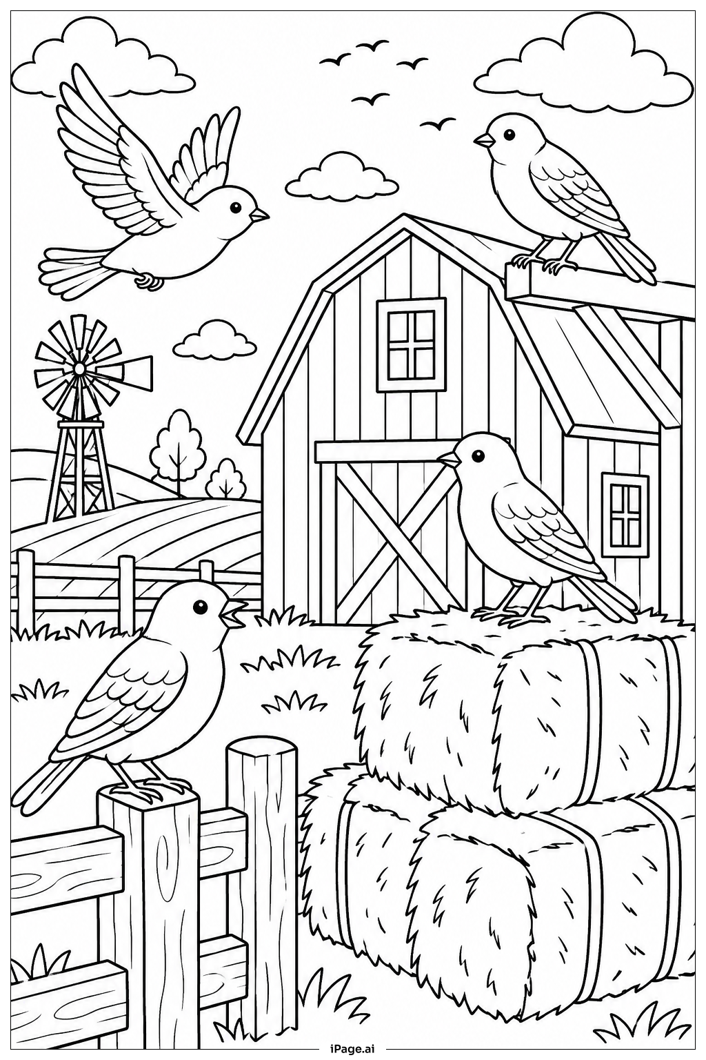 Página para colorear de Pájaros alrededor del viejo granero
