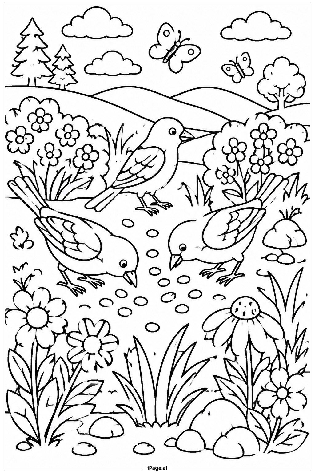 Página para colorear de Pájaros alimentándose en el prado
