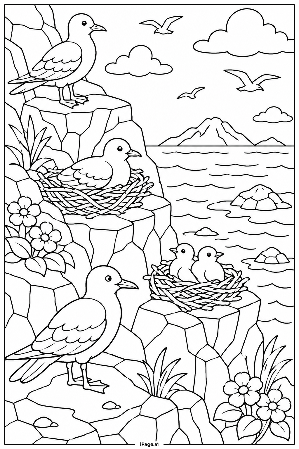 Página para colorear de Aves anidando en el acantilado
