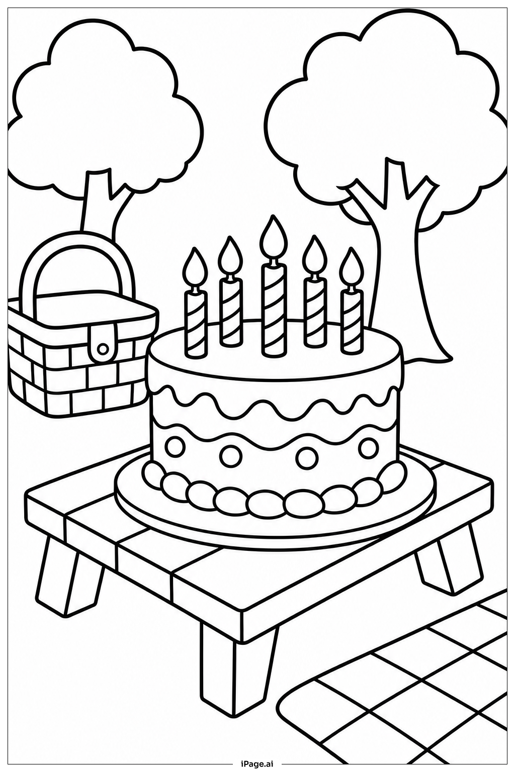 ピクニックのバースデーケーキの塗り絵ページ