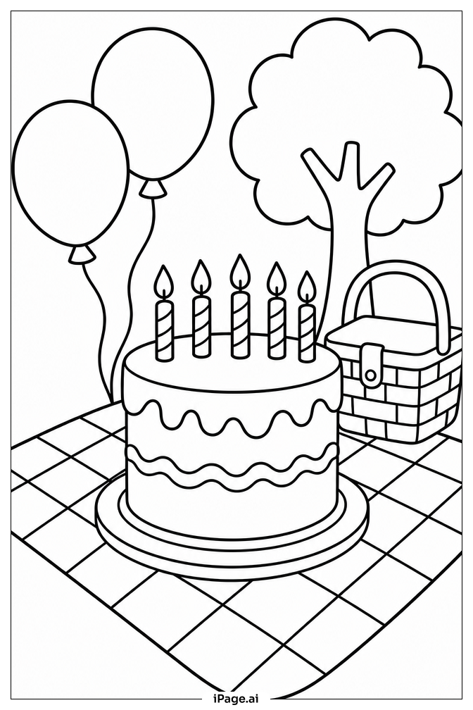 ピクニックブランケットの上のバースデーケーキの塗り絵ページ
