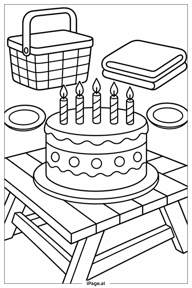ピクニックテーブルのバースデーケーキの塗り絵ページ