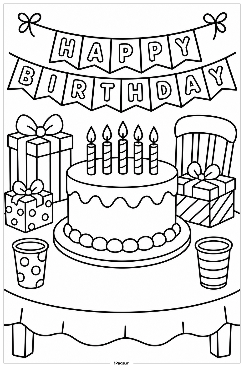 誕生日ケーキパーティーテーブルの塗り絵ページ