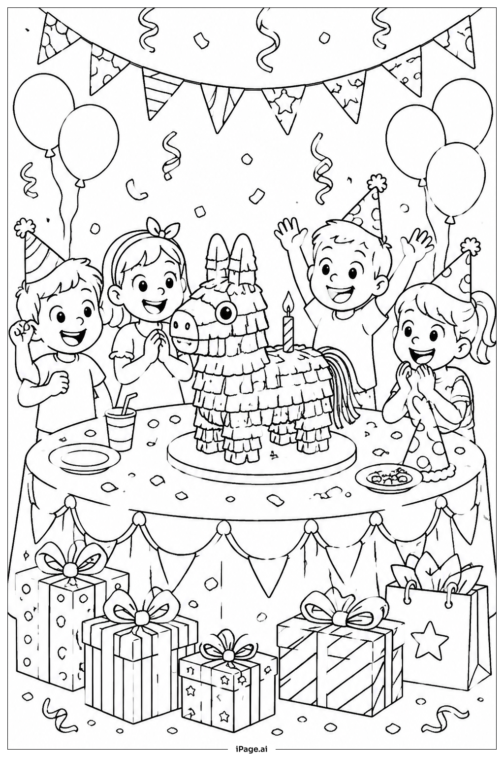 Página para colorear de Mesa de pastel de cumpleaños con Pinata