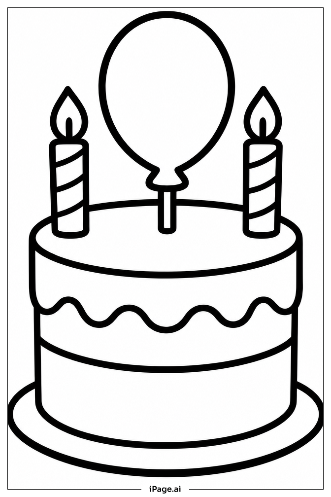 風船型の誕生日ケーキの塗り絵ページ