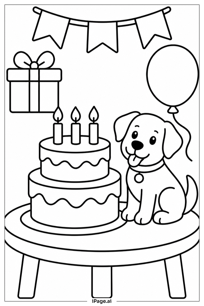 犬と誕生日ケーキの塗り絵ページ