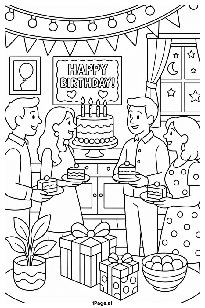 妖精のライトが灯る誕生日ケーキの塗り絵ページ