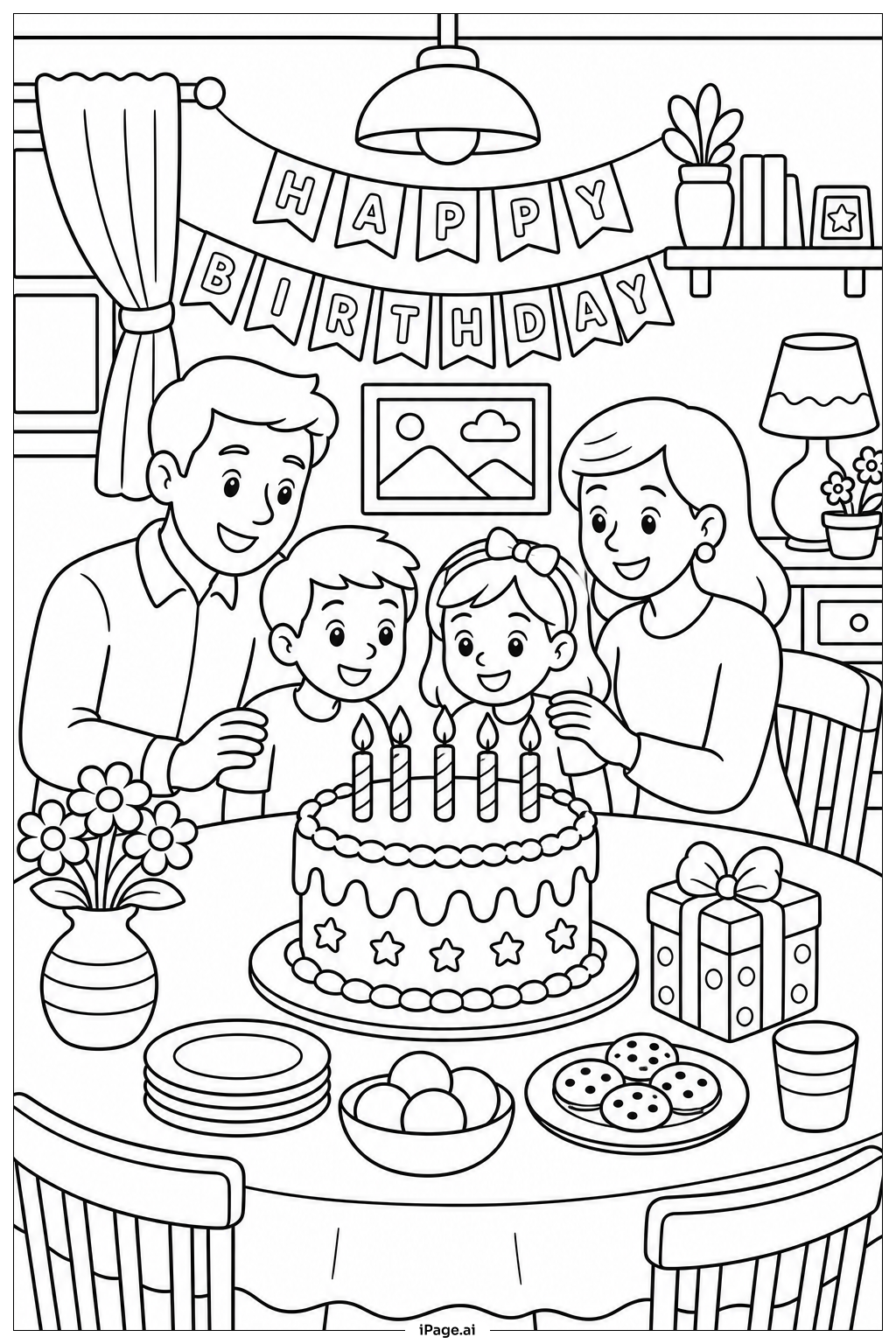 家族の肖像画付き誕生日ケーキ