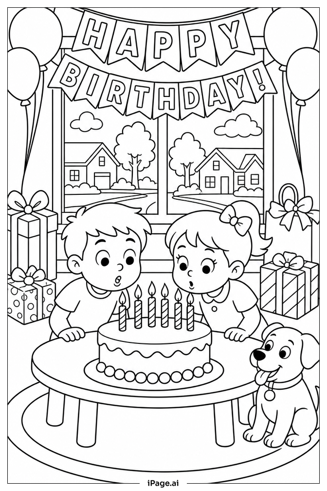 子どもたちと誕生日ケーキの塗り絵ページ