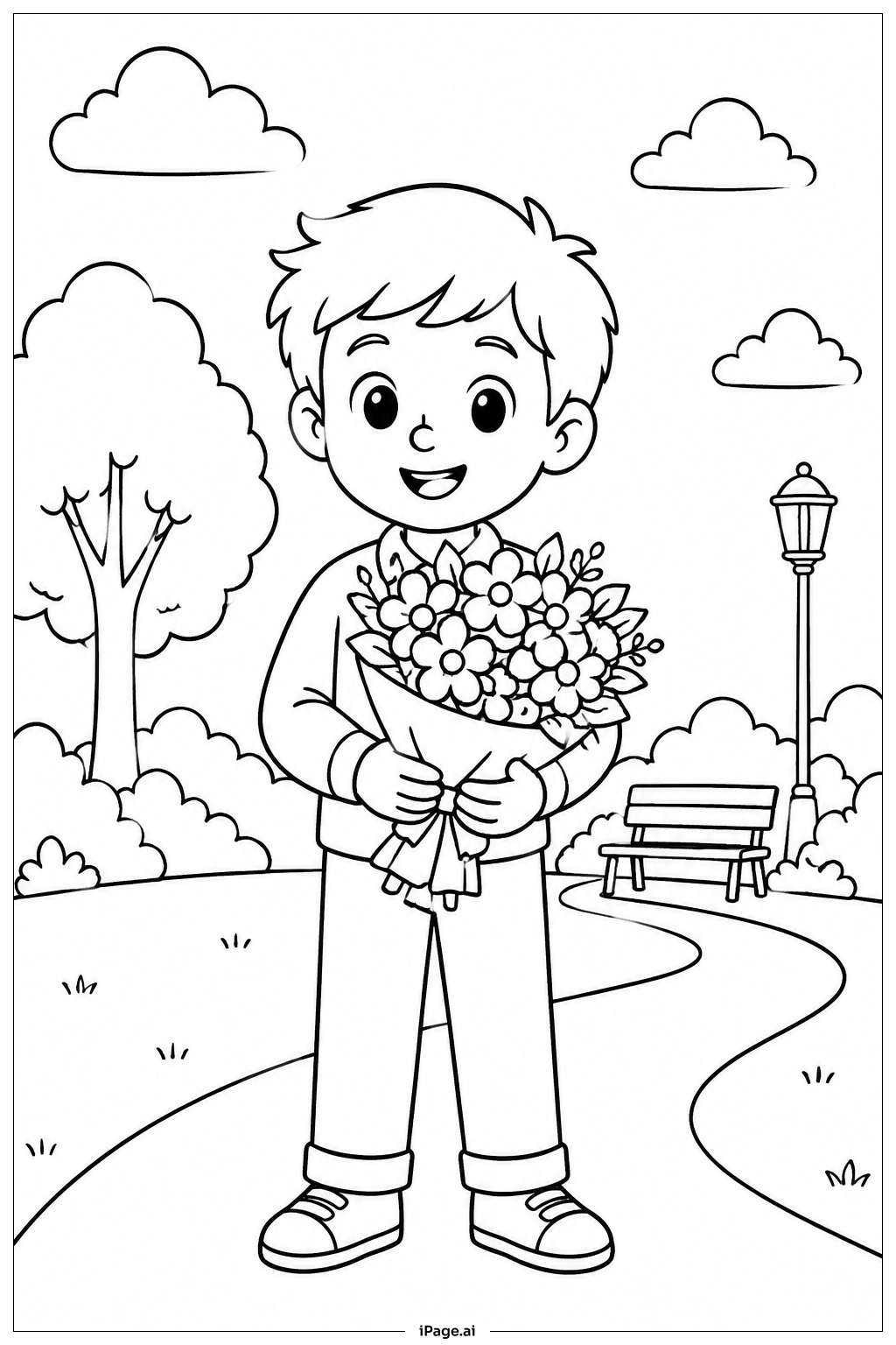  Boy Holding Flower Bouquet Coloring Page 
