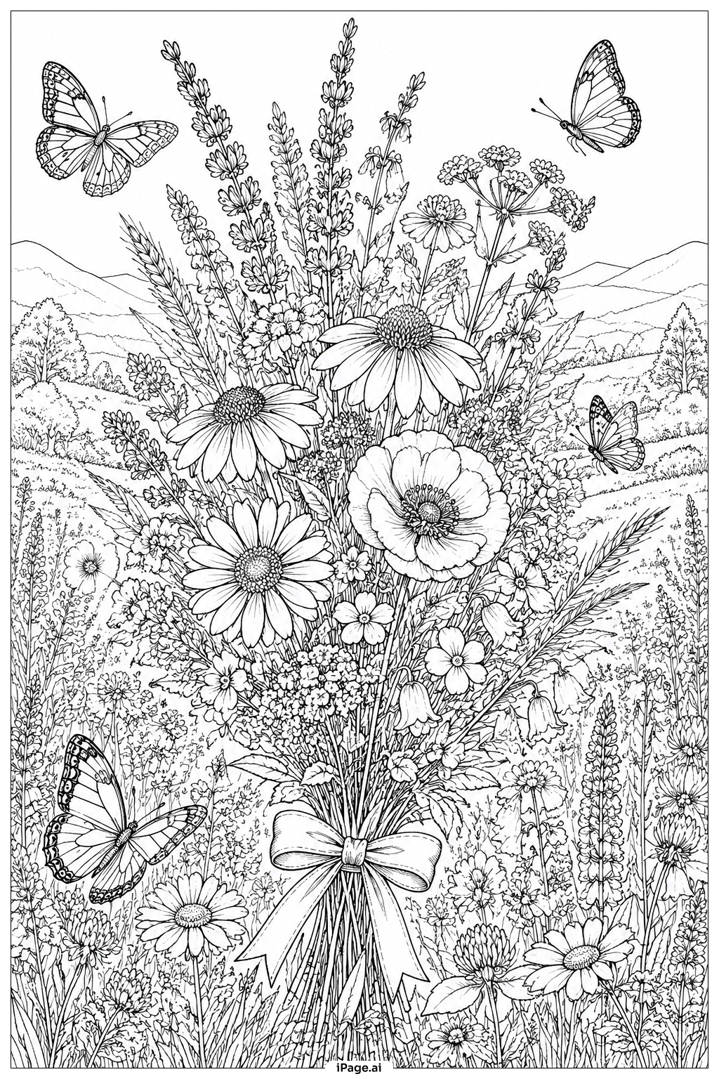Página para colorir de Composição de Buquê de Flores do Prado das Borboletas