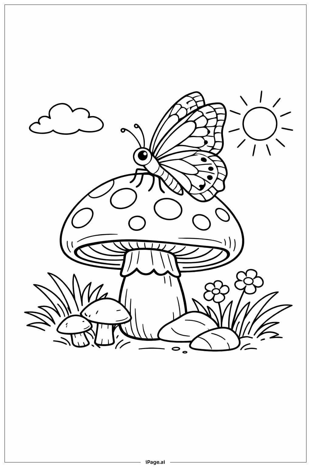Butterfly on Mushroom Coloring Page