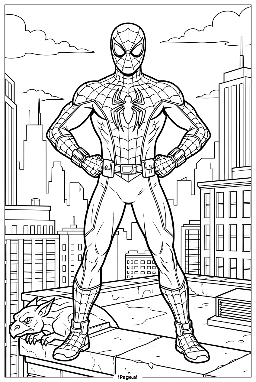 Página para colorir de Homem-Aranha com as mãos na cintura olhando os telhados